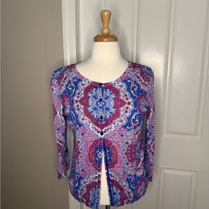 Talbots Blue and Pink Paisley Cardigan , 3/4 sleeves - size M